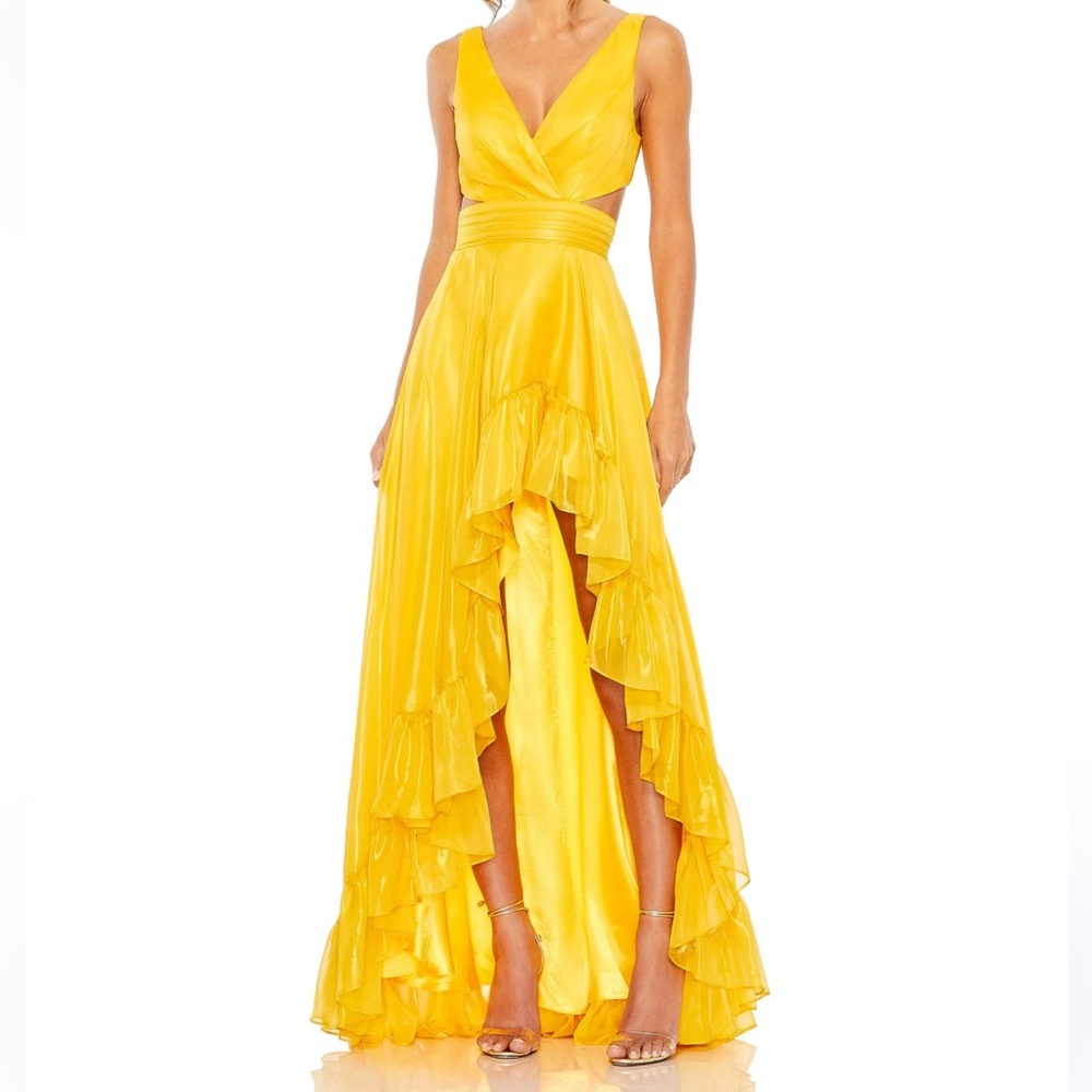 Mac Duggal Cut Out High Low Ruffle Gown in Marigold Yellow Metallic Cascade